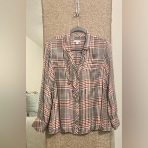 J. Jill Pink White and Black Ruffled 3/4 Sleeve Top